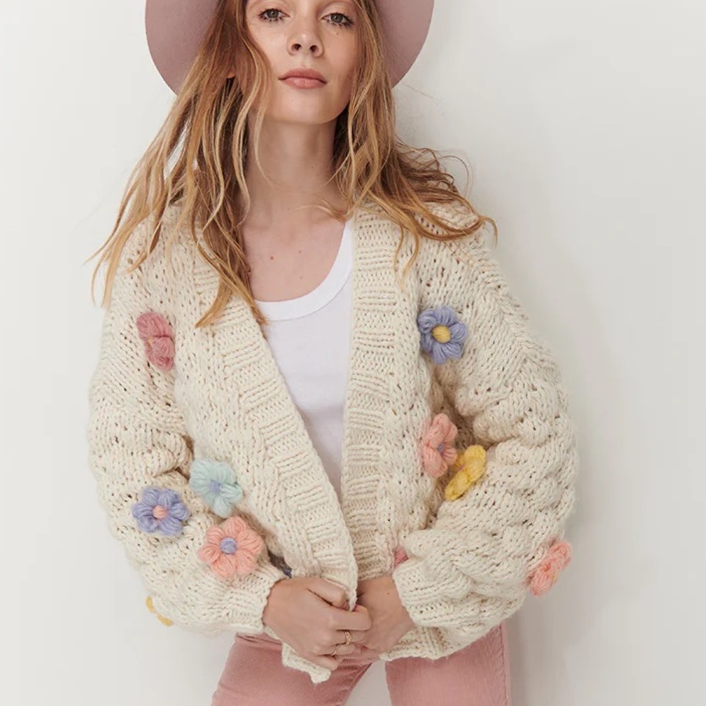 Ghanda Cream Cardigan with Floral Accents